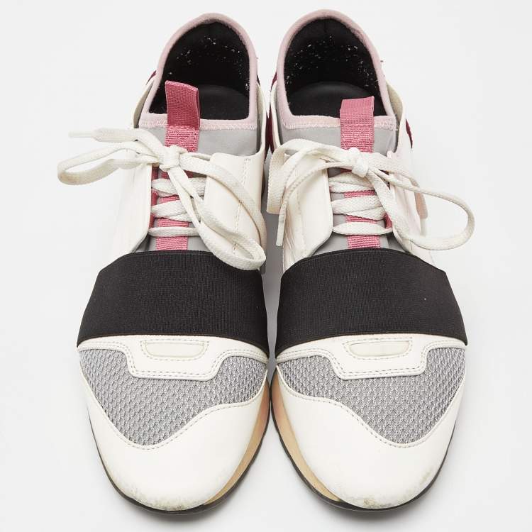 Pre Owned Balenciaga White/Burgundy Leather,Suede and Mesh Race Runner Sneakers Size 38