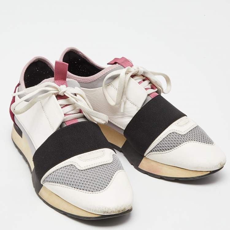 Pre Owned Balenciaga White/Burgundy Leather,Suede and Mesh Race Runner Sneakers Size 38