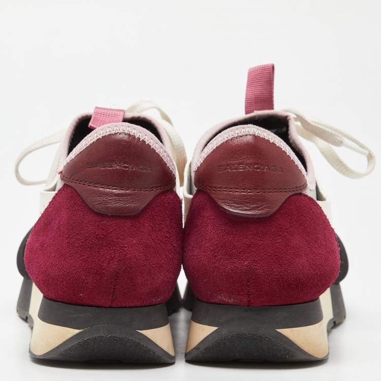 Pre Owned Balenciaga White/Burgundy Leather,Suede and Mesh Race Runner Sneakers Size 38