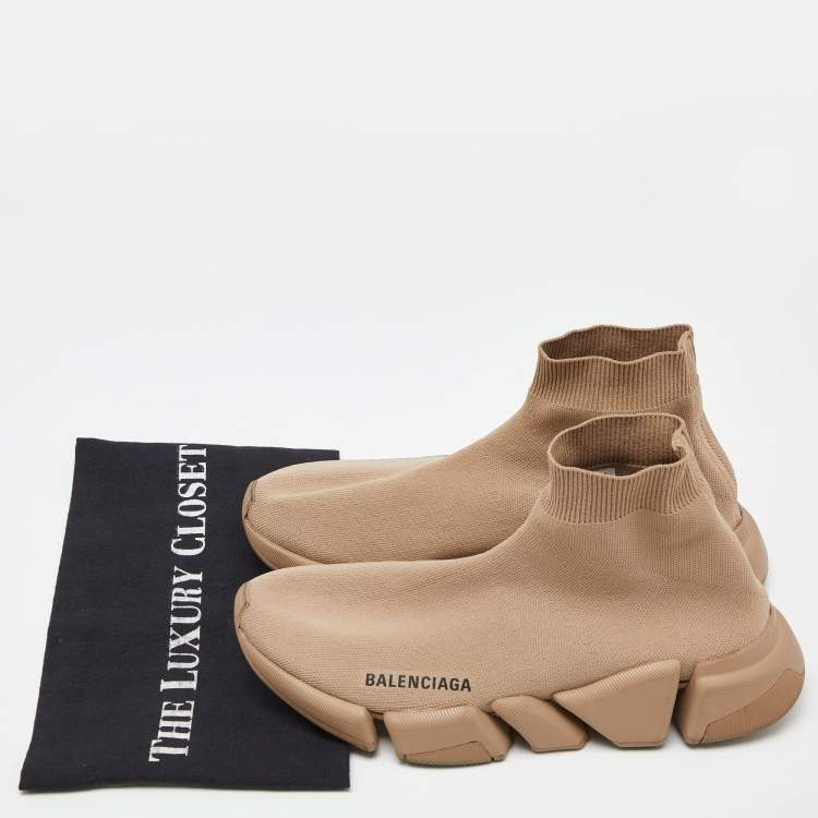 Pre Owned Balenciaga Beige Knit Fabric Speed Trainer High-Top Sneakers Size 39