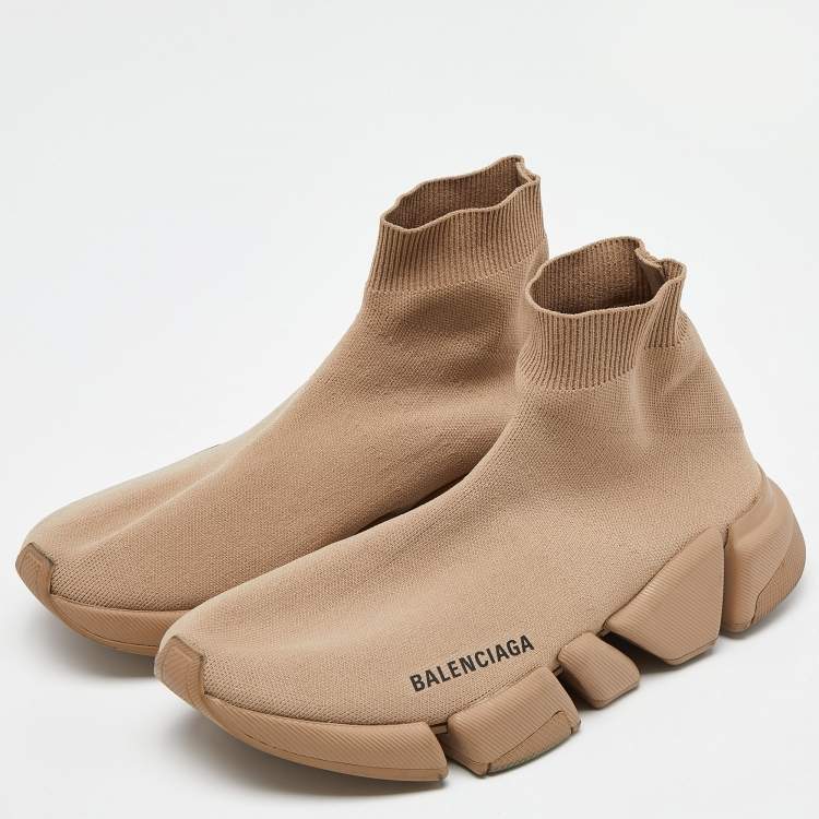 Pre Owned Balenciaga Beige Knit Fabric Speed Trainer High-Top Sneakers Size 39