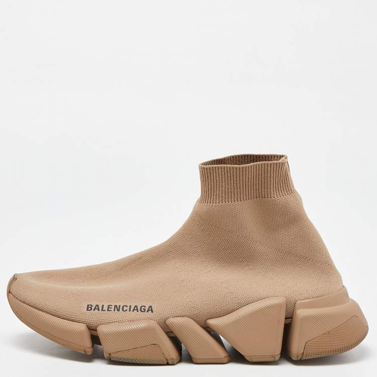 Pre Owned Balenciaga Beige Knit Fabric Speed Trainer High-Top Sneakers Size 39