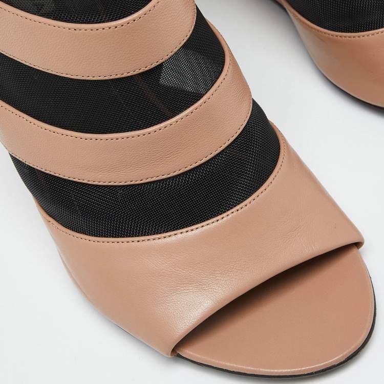 Pre Owned Balenciaga Brown/Black Leather and Mesh Glove Wedge Open Toe Sandals Size 39
