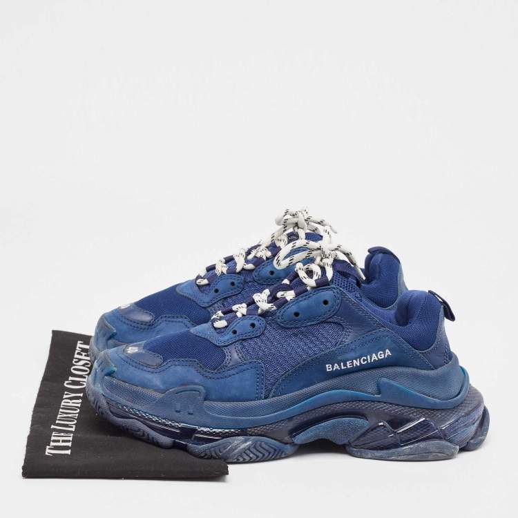Pre Owned Balenciaga Navy Blue Leather and Mesh Triple S Clear Sole Sneakers Size 40