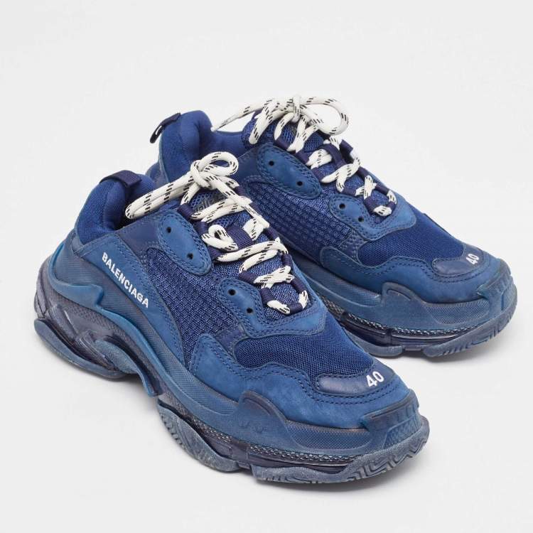 Pre Owned Balenciaga Navy Blue Leather and Mesh Triple S Clear Sole Sneakers Size 40