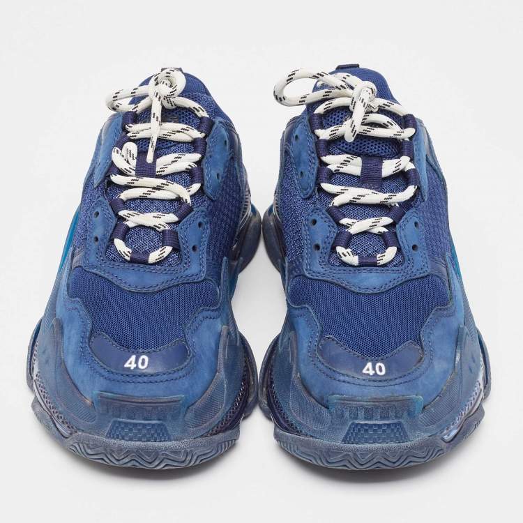 Pre Owned Balenciaga Navy Blue Leather and Mesh Triple S Clear Sole Sneakers Size 40