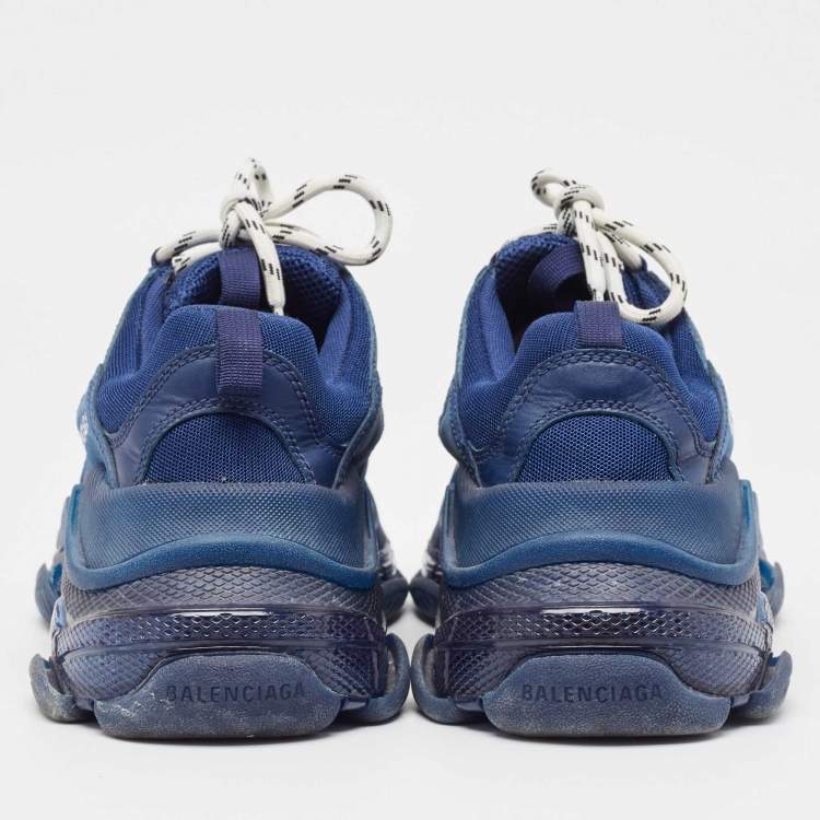 Pre Owned Balenciaga Navy Blue Leather and Mesh Triple S Clear Sole Sneakers Size 40