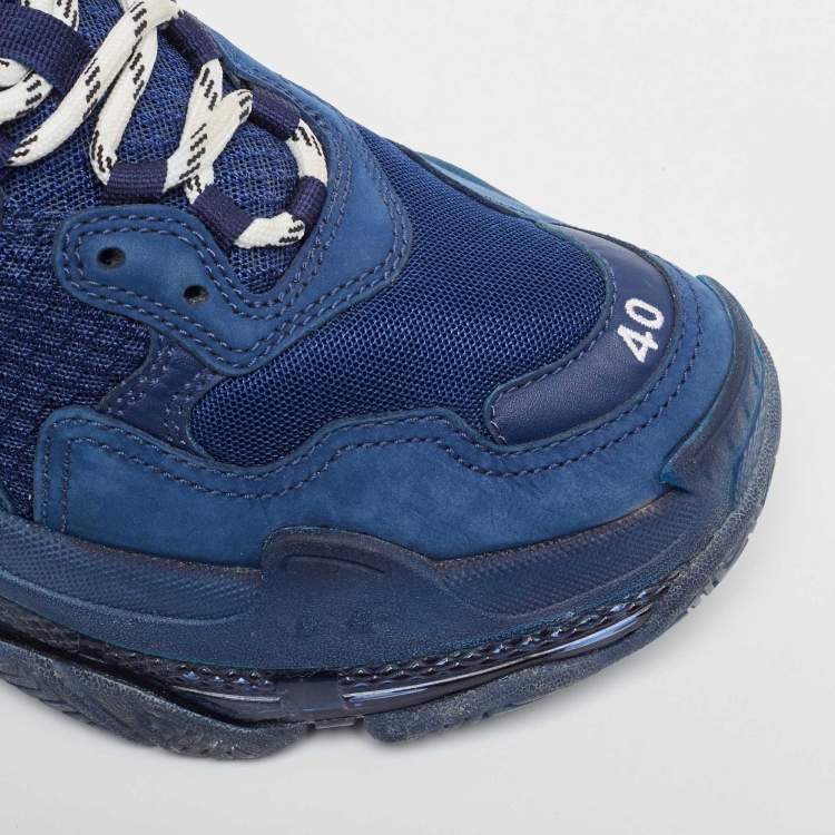 Pre Owned Balenciaga Navy Blue Leather and Mesh Triple S Clear Sole Sneakers Size 40