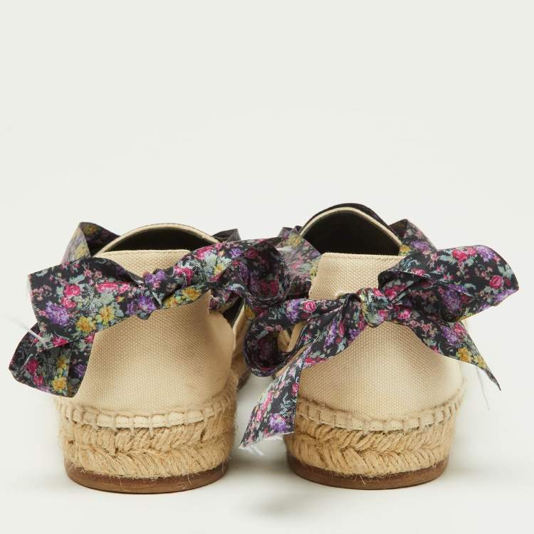 Pre Owned Balenciaga Multicolor Canvas and Floral Print Lace Up Espadrille Flat Sandals Size 36