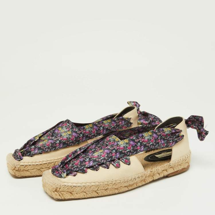 Pre Owned Balenciaga Multicolor Canvas and Floral Print Lace Up Espadrille Flat Sandals Size 36