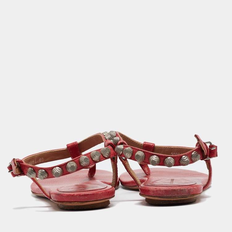 Pre Owned Balenciaga Dark Pink Leather Studded Thong Flat Sandals Size 40