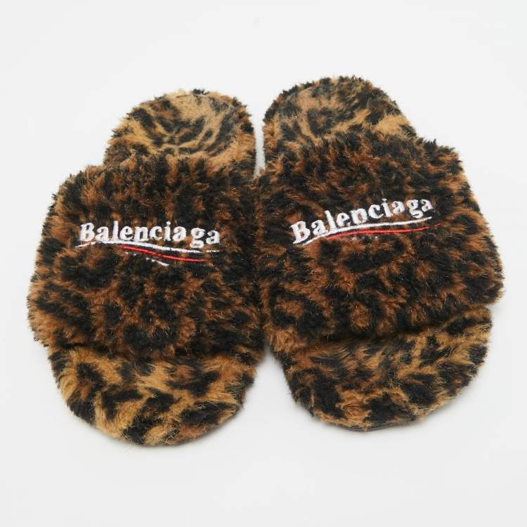 Pre Owned Balenciaga Brown/Black Fur Leopard Print Flat Slides Size 39