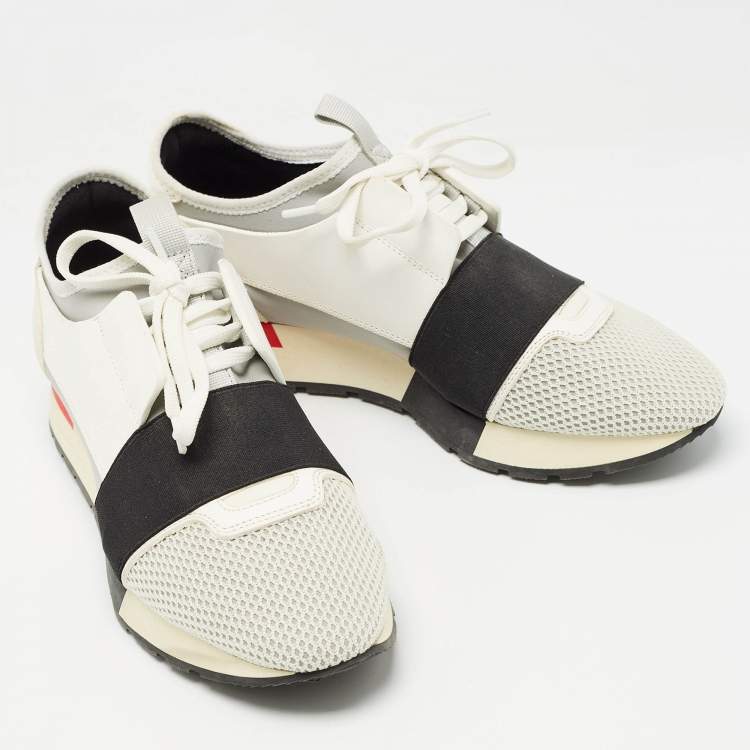 Pre Owned Balenciaga White/Grey Leather and Mesh Race Runner Sneakers Size 37
