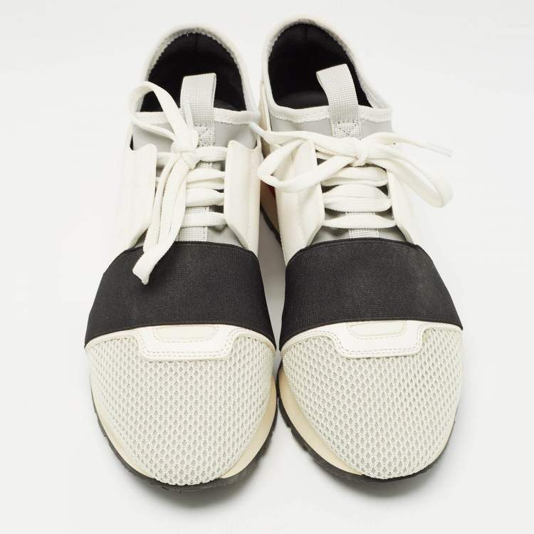 Pre Owned Balenciaga White/Grey Leather and Mesh Race Runner Sneakers Size 37