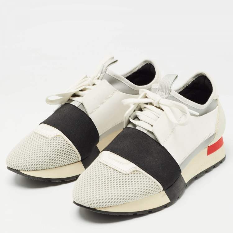 Pre Owned Balenciaga White/Grey Leather and Mesh Race Runner Sneakers Size 37