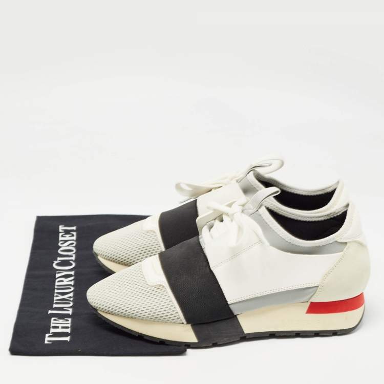 Pre Owned Balenciaga White/Grey Leather and Mesh Race Runner Sneakers Size 37