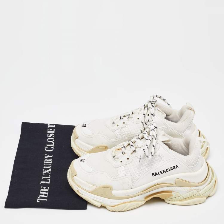 Pre Owned Balenciaga White Mesh and Faux Leather Triple S Lace Up Sneakers Size 37