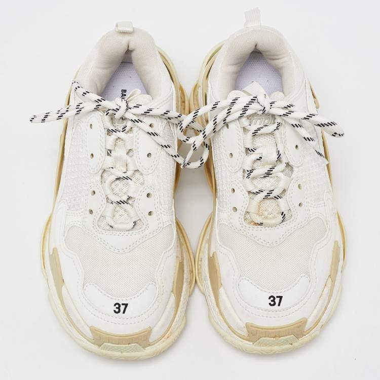 Pre Owned Balenciaga White Mesh and Faux Leather Triple S Lace Up Sneakers Size 37