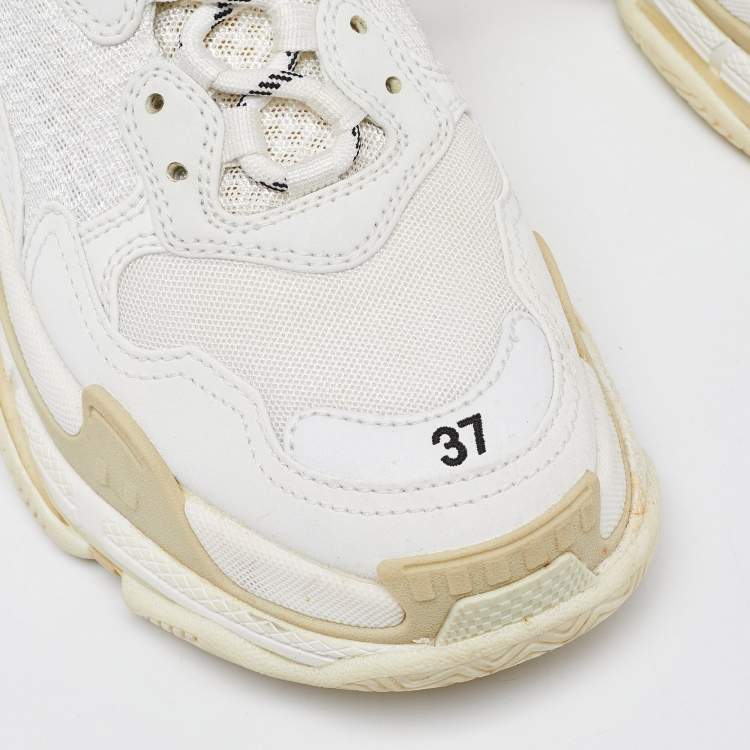 Pre Owned Balenciaga White Mesh and Faux Leather Triple S Lace Up Sneakers Size 37