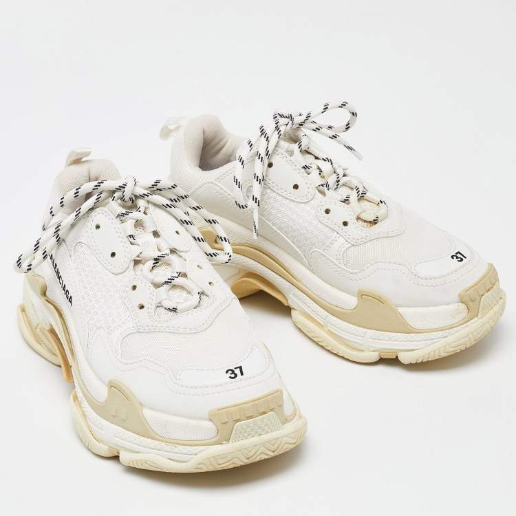 Pre Owned Balenciaga White Mesh and Faux Leather Triple S Lace Up Sneakers Size 37