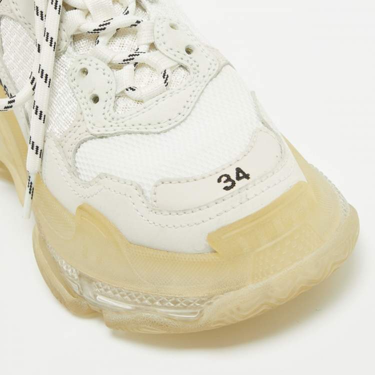 Pre Owned Balenciaga White Mesh and Leather Triple S Clear Sole Sneakers Size 34