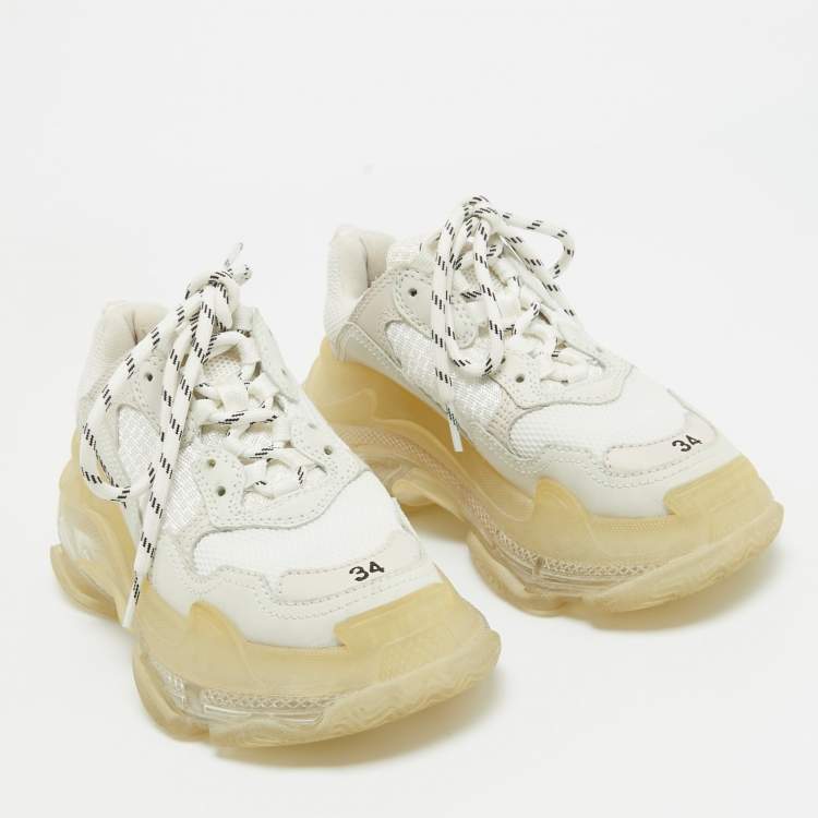 Pre Owned Balenciaga White Mesh and Leather Triple S Clear Sole Sneakers Size 34