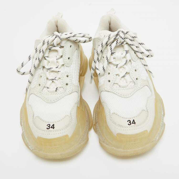 Pre Owned Balenciaga White Mesh and Leather Triple S Clear Sole Sneakers Size 34