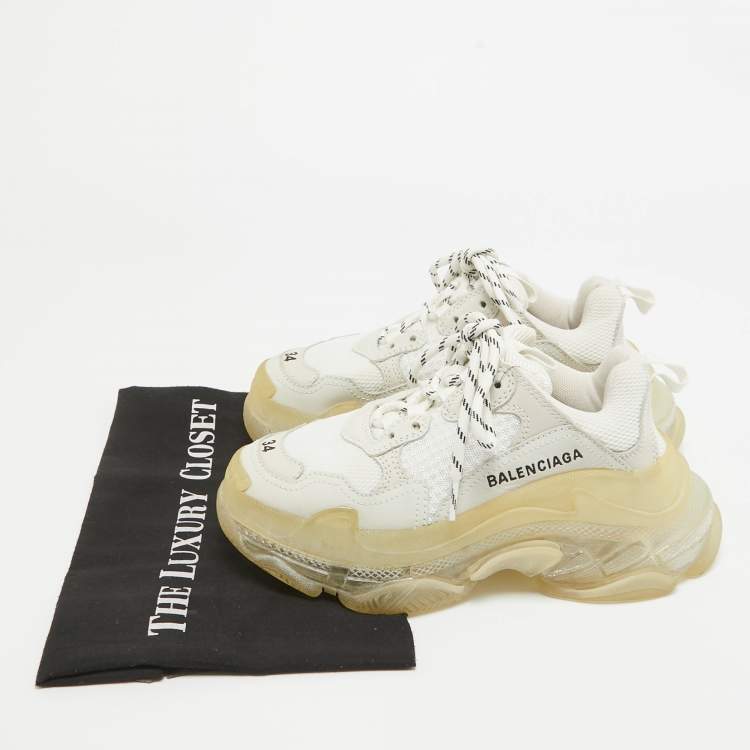 Pre Owned Balenciaga White Mesh and Leather Triple S Clear Sole Sneakers Size 34