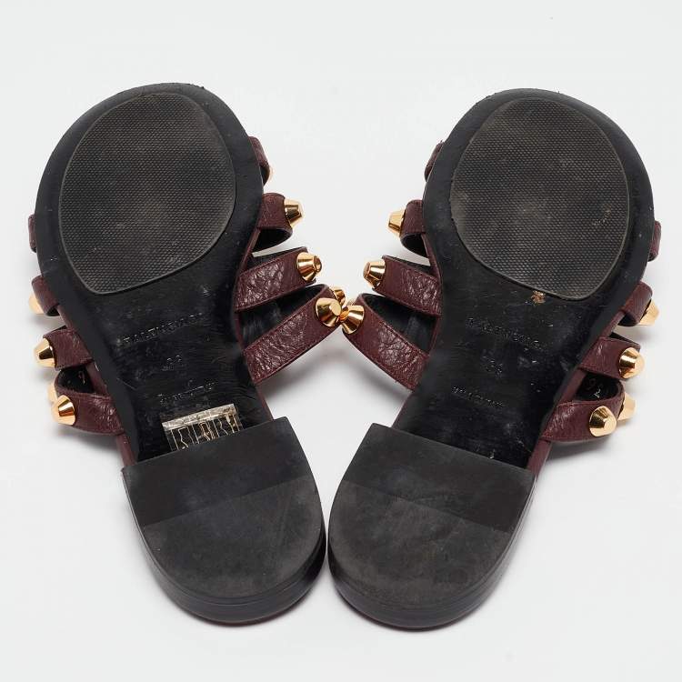 Pre Owned Balenciaga Burgundy Leather Studded Arena Flat Slides Size 36