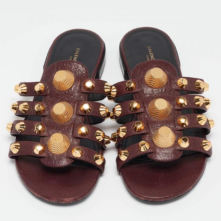 Pre Owned Balenciaga Burgundy Leather Studded Arena Flat Slides Size 36