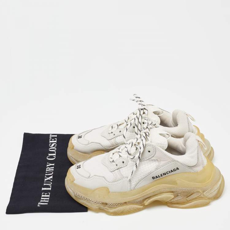 Pre Owned Balenciaga Off White Leather and Mesh Triple S Clear Sneakers Size 38