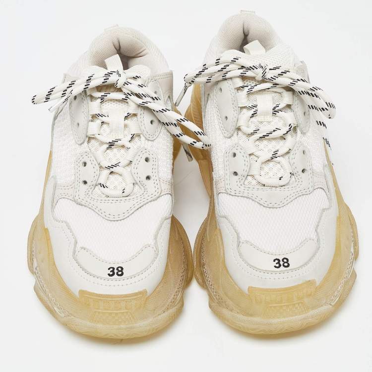 Pre Owned Balenciaga Off White Leather and Mesh Triple S Clear Sneakers Size 38
