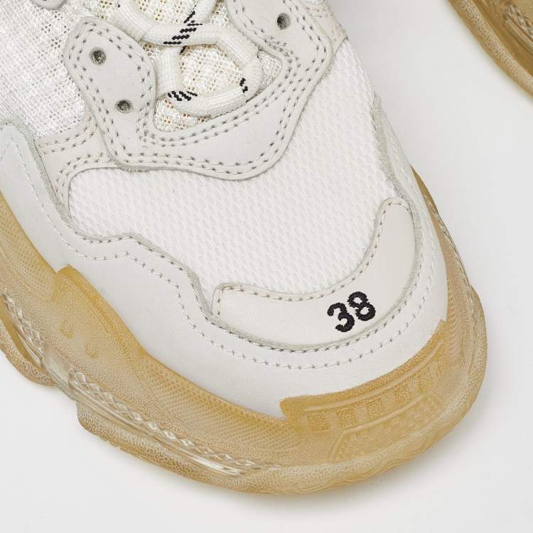 Pre Owned Balenciaga Off White Leather and Mesh Triple S Clear Sneakers Size 38