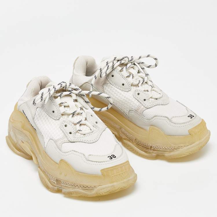 Pre Owned Balenciaga Off White Leather and Mesh Triple S Clear Sneakers Size 38