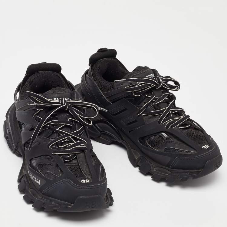 Pre Owned Balenciaga Black Mesh and Faux Leather Track Low Top Sneakers Size 38