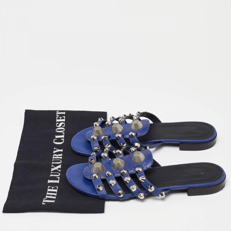 Pre Owned Balenciaga Navy Blue Leather Arena Studded Flat Sandals Size 38