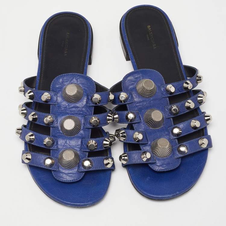 Pre Owned Balenciaga Navy Blue Leather Arena Studded Flat Sandals Size 38