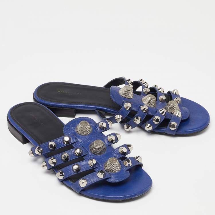 Pre Owned Balenciaga Navy Blue Leather Arena Studded Flat Sandals Size 38