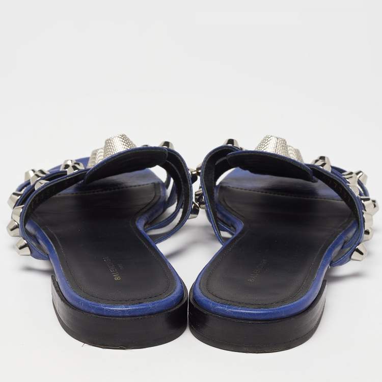 Pre Owned Balenciaga Navy Blue Leather Arena Studded Flat Sandals Size 38