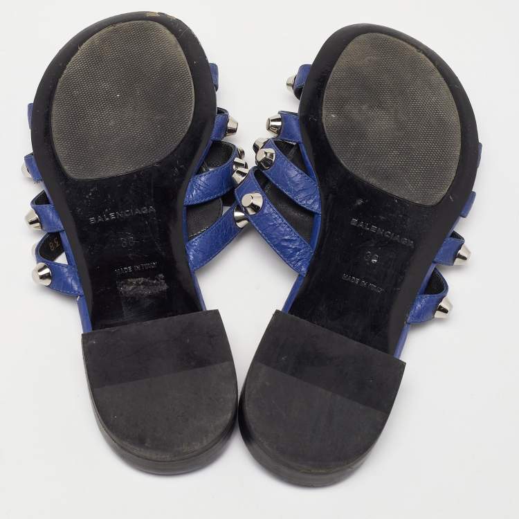 Pre Owned Balenciaga Navy Blue Leather Arena Studded Flat Sandals Size 38