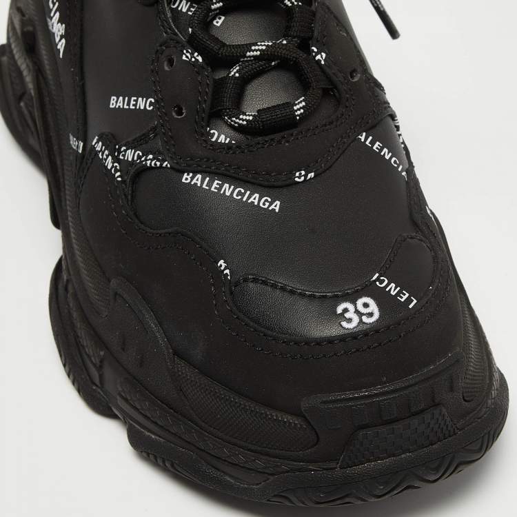 Pre Owned Balenciaga Black Faux Leather Triple S All Over Logo Sneakers Size 39