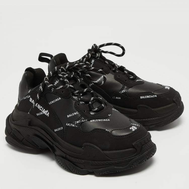Pre Owned Balenciaga Black Faux Leather Triple S All Over Logo Sneakers Size 39