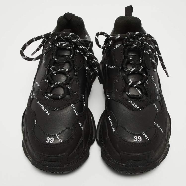 Pre Owned Balenciaga Black Faux Leather Triple S All Over Logo Sneakers Size 39