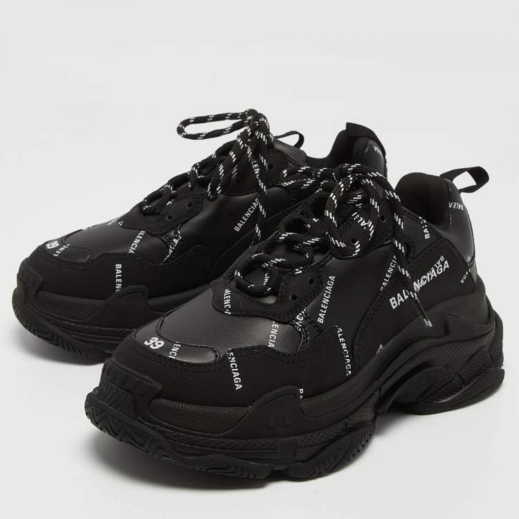 Balenciaga Black Faux Leather Triple S All Over Logo