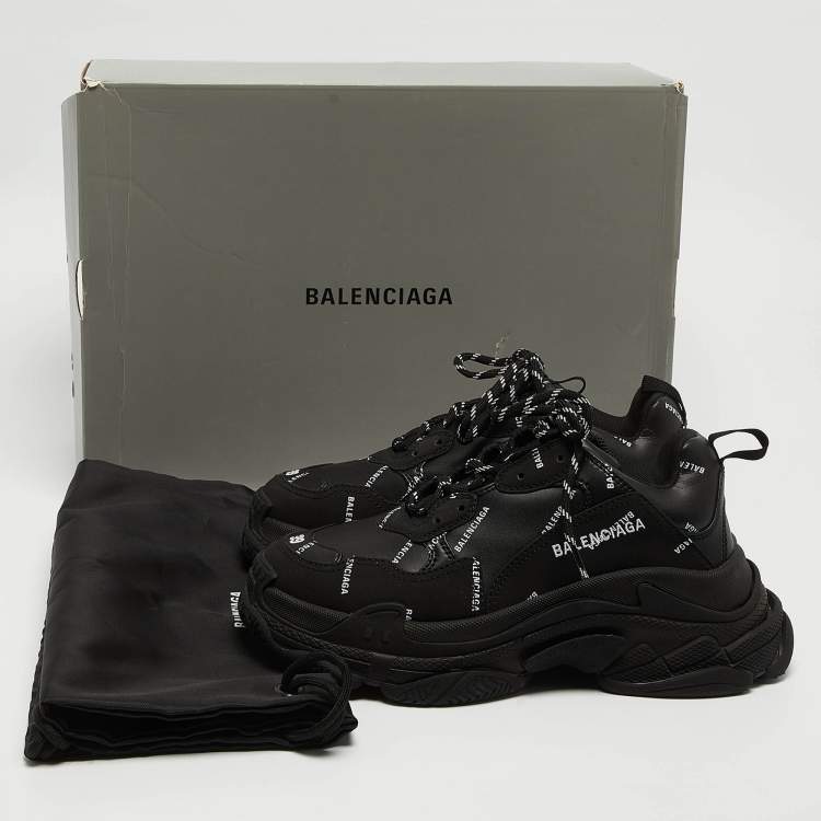 Pre Owned Balenciaga Black Faux Leather Triple S All Over Logo Sneakers Size 39