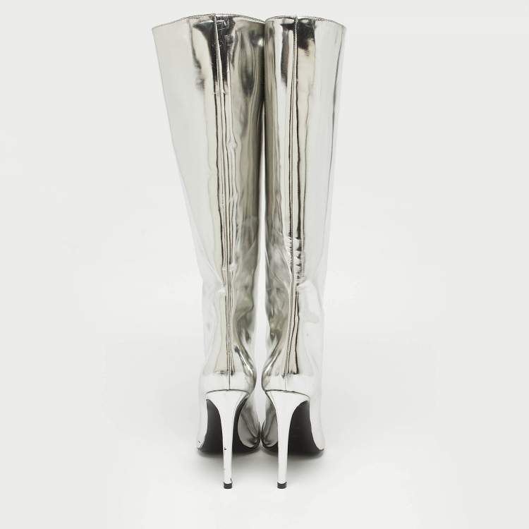Pre Owned Balenciaga Silver Leather Knee Length Boots Size 38.5