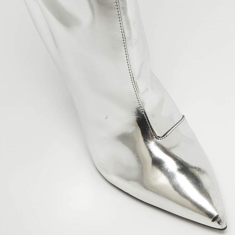 Pre Owned Balenciaga Silver Leather Knee Length Boots Size 38.5