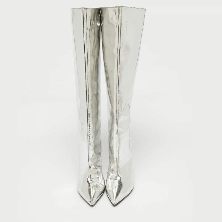 Pre Owned Balenciaga Silver Leather Knee Length Boots Size 38.5