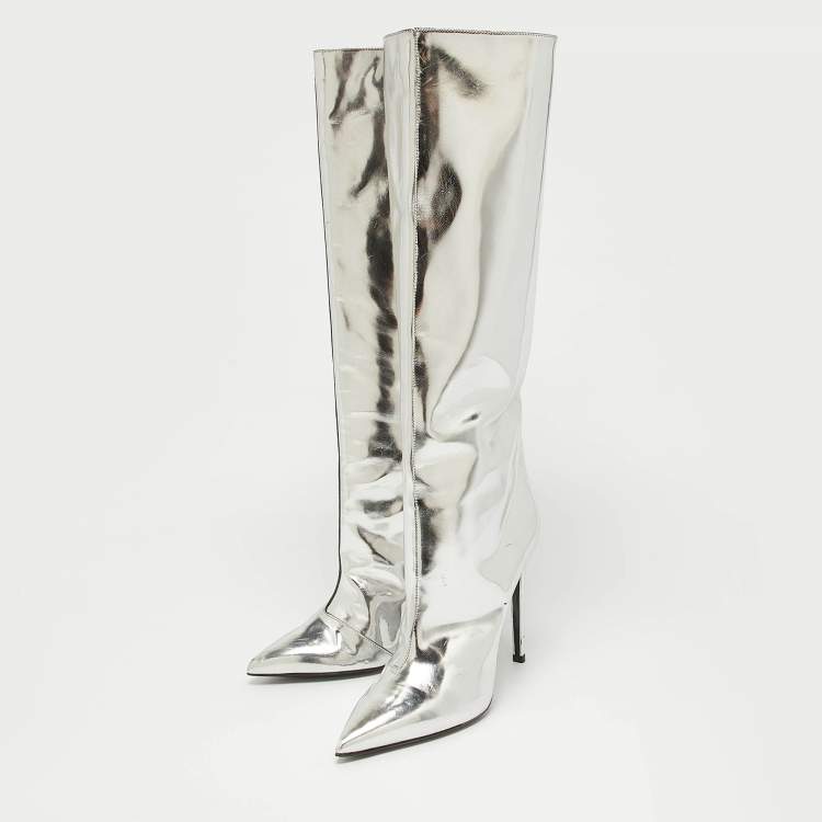 Pre Owned Balenciaga Silver Leather Knee Length Boots Size 38.5