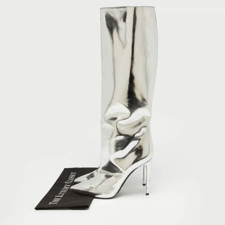 Pre Owned Balenciaga Silver Leather Knee Length Boots Size 38.5